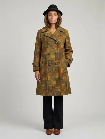 Vintage coat on a model: retro prints, classic silhouettes, nostalgic details