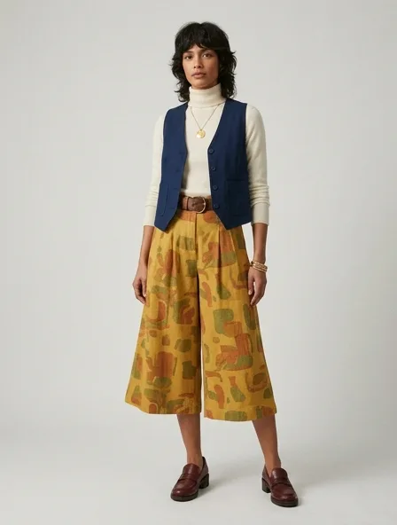Vintage culottes on a model: retro prints, classic silhouettes, nostalgic details