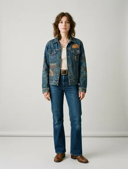 Vintage denim jacket on a model: retro prints, classic silhouettes, nostalgic details
