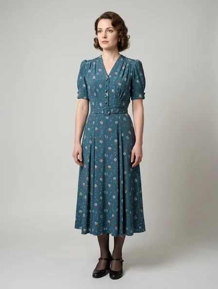 Vintage dress on a model: retro prints, classic silhouettes, nostalgic details