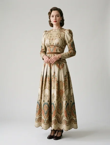 Vintage gown on a model: retro prints, classic silhouettes, nostalgic details