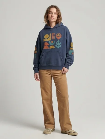 Vintage hoodie on a model: retro prints, classic silhouettes, nostalgic details