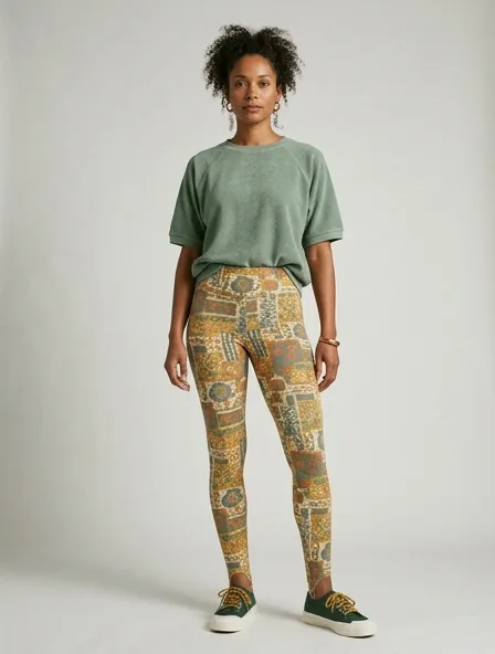 Vintage leggings on a model: retro prints, classic silhouettes, nostalgic details