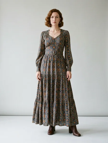 Vintage maxi dress on a model: retro prints, classic silhouettes, nostalgic details
