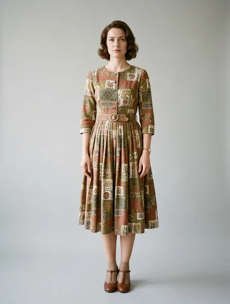 Vintage midi dress on a model: retro prints, classic silhouettes, nostalgic details