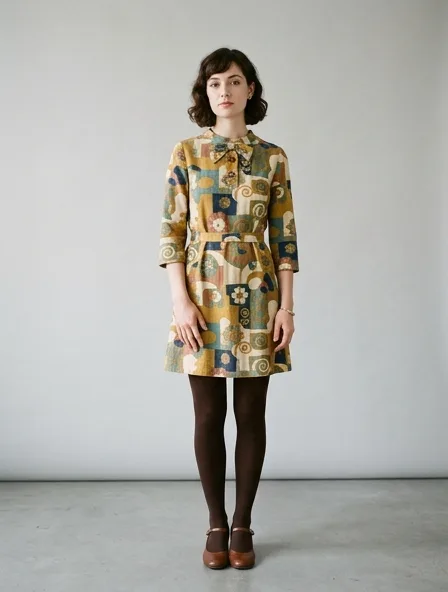 Vintage mini dress on a model: retro prints, classic silhouettes, nostalgic details