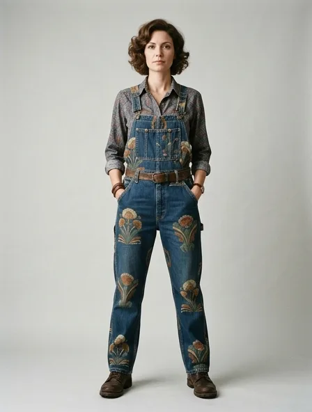 Vintage overalls on a model: retro prints, classic silhouettes, nostalgic details