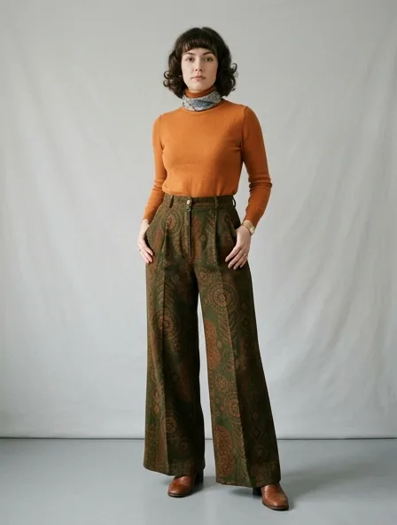 Vintage pants on a model: retro prints, classic silhouettes, nostalgic details