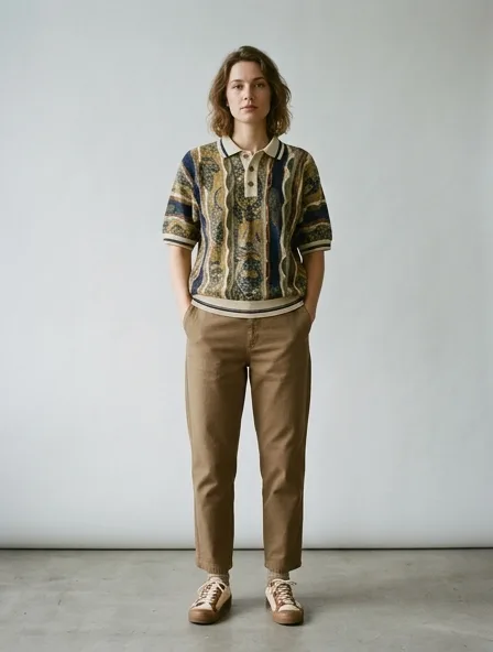 Vintage polo shirt on a model: retro prints, classic silhouettes, nostalgic details