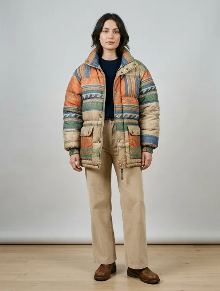 Vintage puffer jacket on a model: retro prints, classic silhouettes, nostalgic details