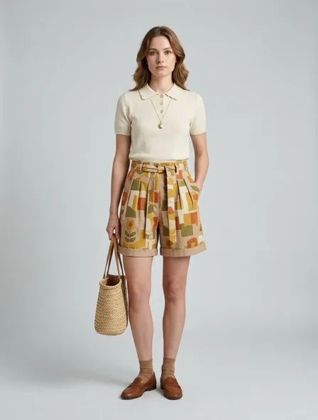 Vintage shorts on a model: retro prints, classic silhouettes, nostalgic details
