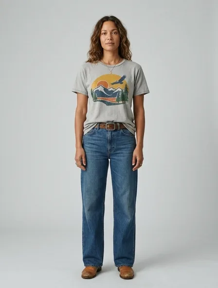 Vintage t-shirt on a model: retro prints, classic silhouettes, nostalgic details