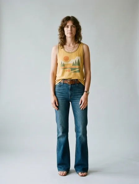 Vintage tank top on a model: retro prints, classic silhouettes, nostalgic details