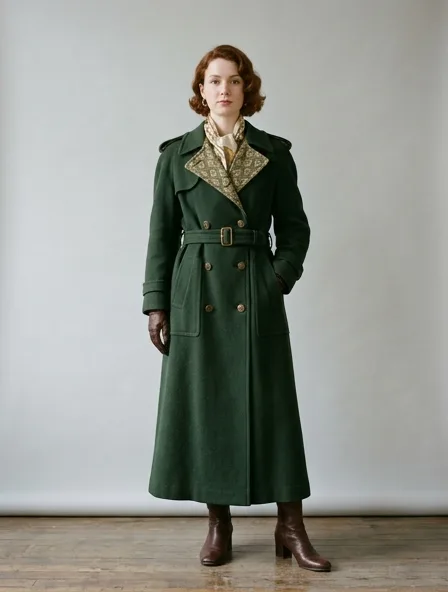 Vintage trench coat on a model: retro prints, classic silhouettes, nostalgic details