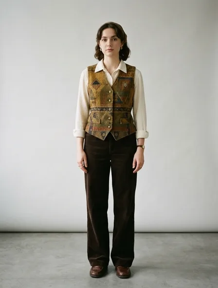 Vintage vest on a model: retro prints, classic silhouettes, nostalgic details