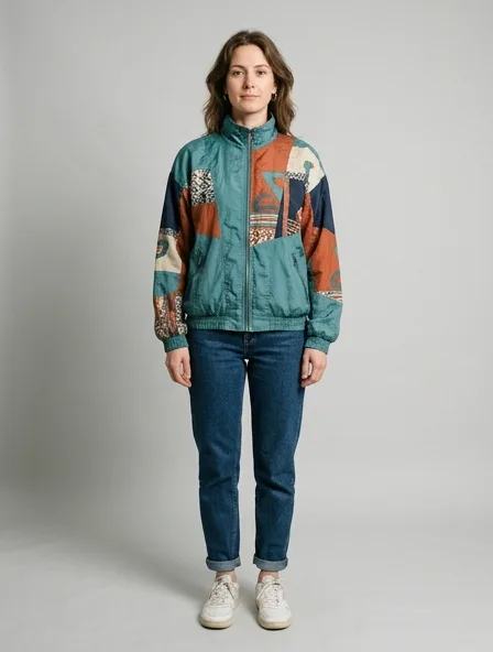 Vintage windbreaker on a model: retro prints, classic silhouettes, nostalgic details