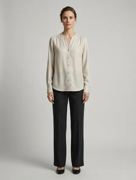 Blouse in wool challis, on a model in a studio
