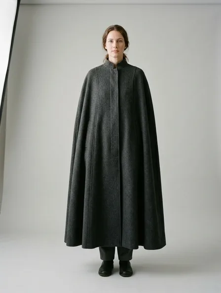 Cape in wool melton, on a model in a studio