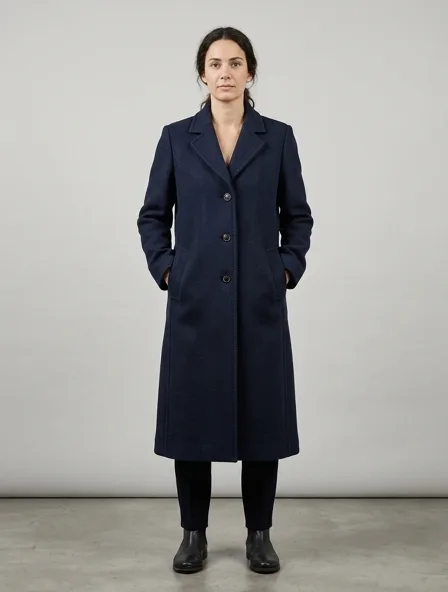 Coat in wool melton, on a model in a studio