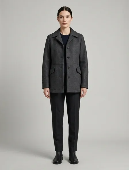 Jacket in wool melton, on a model in a studio