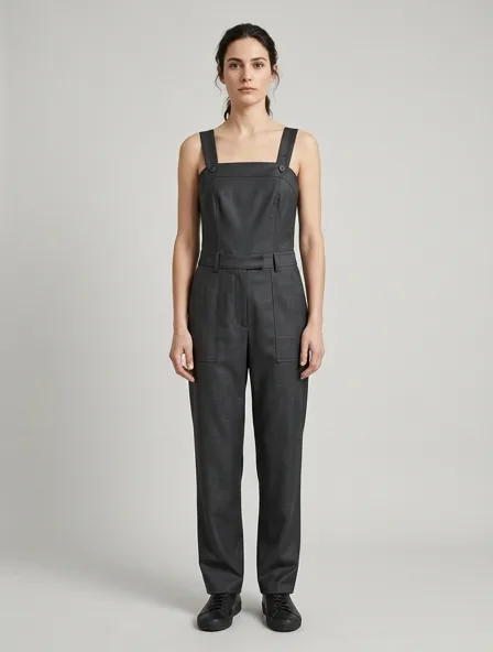 Overalls in tropical wool, on a model in a studio