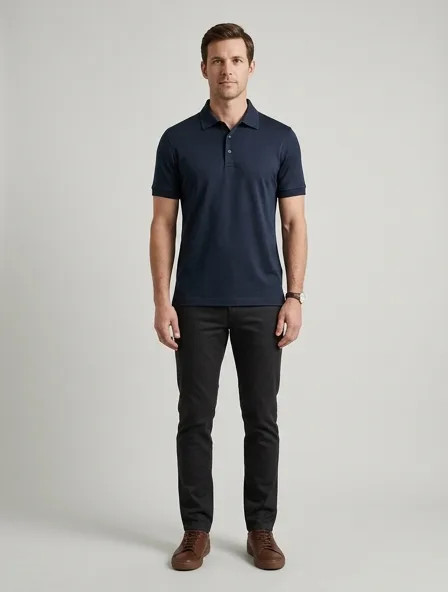 Polo shirt in merino jersey, on a model in a studio