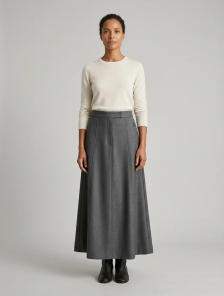 Skirt in tropical wool, on a model in a studio