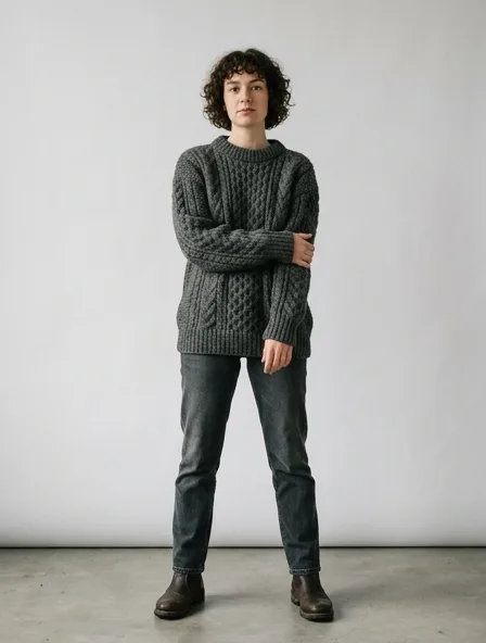 Sweater in wool knit, on a model in a studio