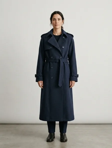 Trench coat in wool melton, on a model in a studio