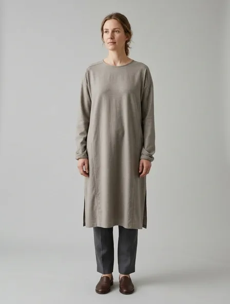Tunic in wool challis, on a model in a studio