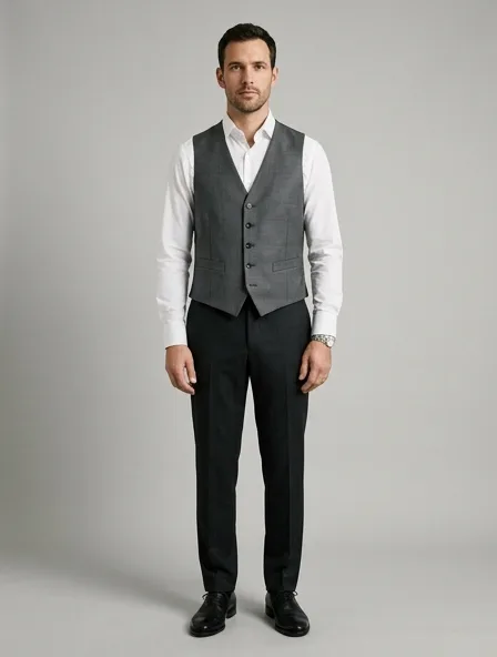 Vest in worsted wool suiting, on a model in a studio