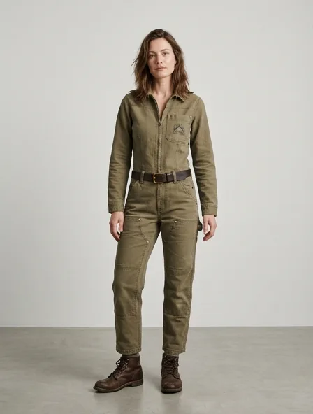 Workwear bodysuit on a model: utilitarian, durable, heritage-inspired, rugged