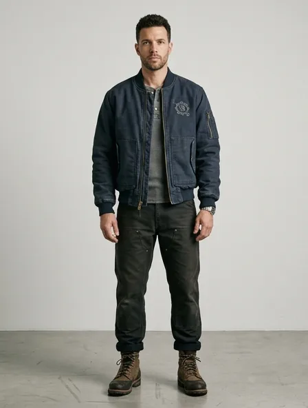 Workwear bomber jacket on a model: utilitarian, durable, heritage-inspired, rugged