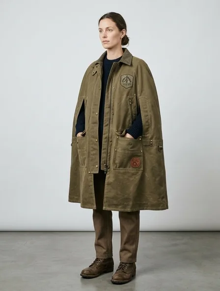 Workwear cape on a model: utilitarian, durable, heritage-inspired, rugged