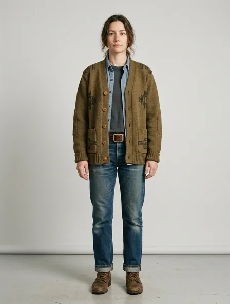 Workwear cardigan on a model: utilitarian, durable, heritage-inspired, rugged