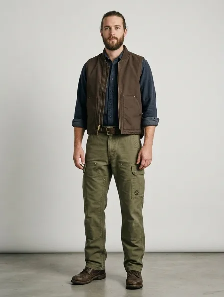 Workwear cargo pants on a model: utilitarian, durable, heritage-inspired, rugged