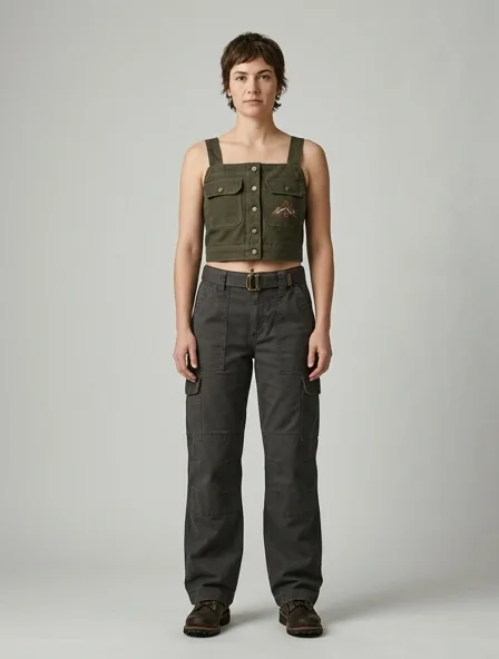 Workwear crop top on a model: utilitarian, durable, heritage-inspired, rugged