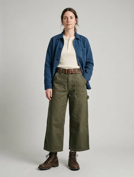Workwear culottes on a model: utilitarian, durable, heritage-inspired, rugged