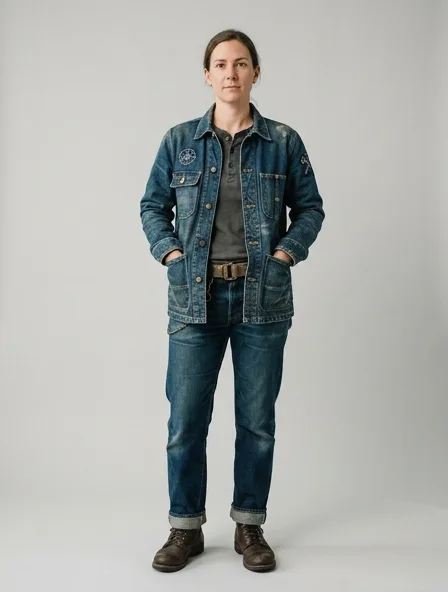 Workwear denim jacket on a model: utilitarian, durable, heritage-inspired, rugged