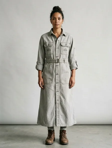 Workwear gown on a model: utilitarian, durable, heritage-inspired, rugged