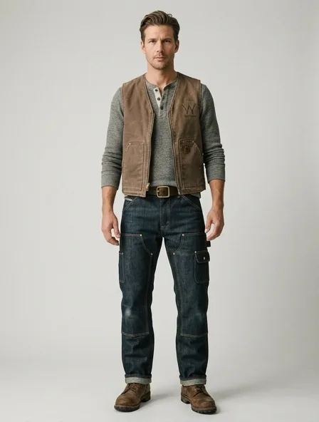 Workwear jeans on a model: utilitarian, durable, heritage-inspired, rugged