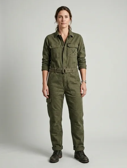 Workwear jumpsuit on a model: utilitarian, durable, heritage-inspired, rugged