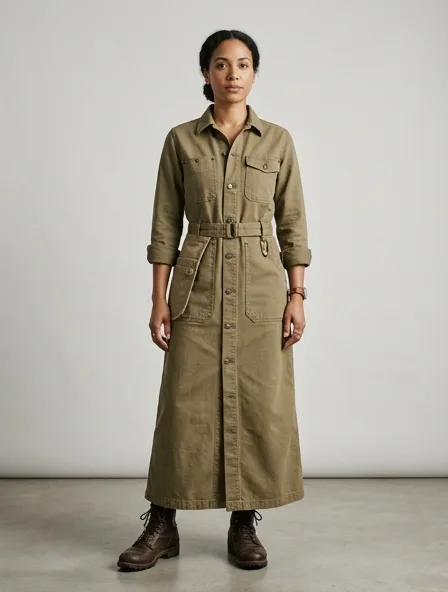 Workwear maxi dress on a model: utilitarian, durable, heritage-inspired, rugged
