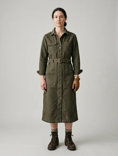 Workwear midi dress on a model: utilitarian, durable, heritage-inspired, rugged