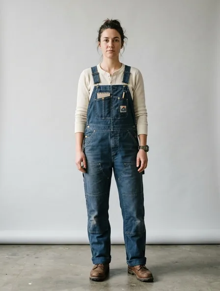 Workwear overalls on a model: utilitarian, durable, heritage-inspired, rugged
