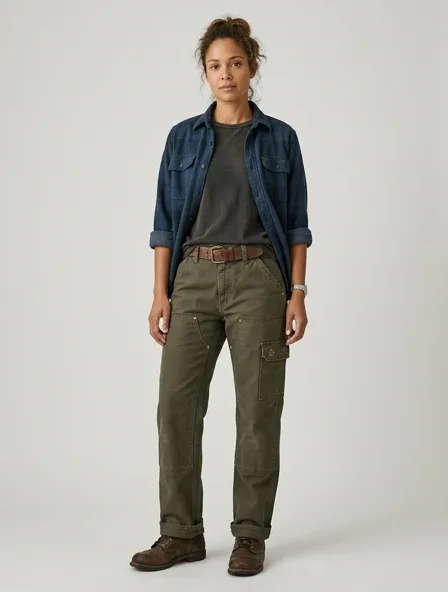 Workwear pants on a model: utilitarian, durable, heritage-inspired, rugged