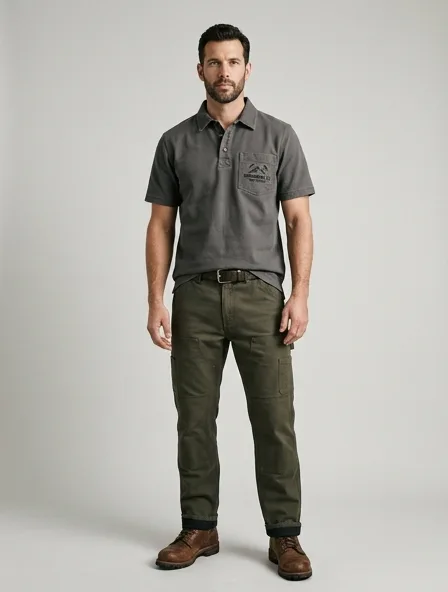 Workwear polo shirt on a model: utilitarian, durable, heritage-inspired, rugged
