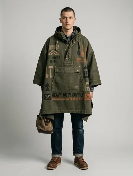 Workwear poncho on a model: utilitarian, durable, heritage-inspired, rugged