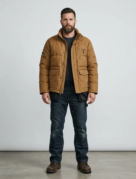Workwear puffer jacket on a model: utilitarian, durable, heritage-inspired, rugged