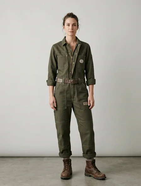 Workwear romper on a model: utilitarian, durable, heritage-inspired, rugged